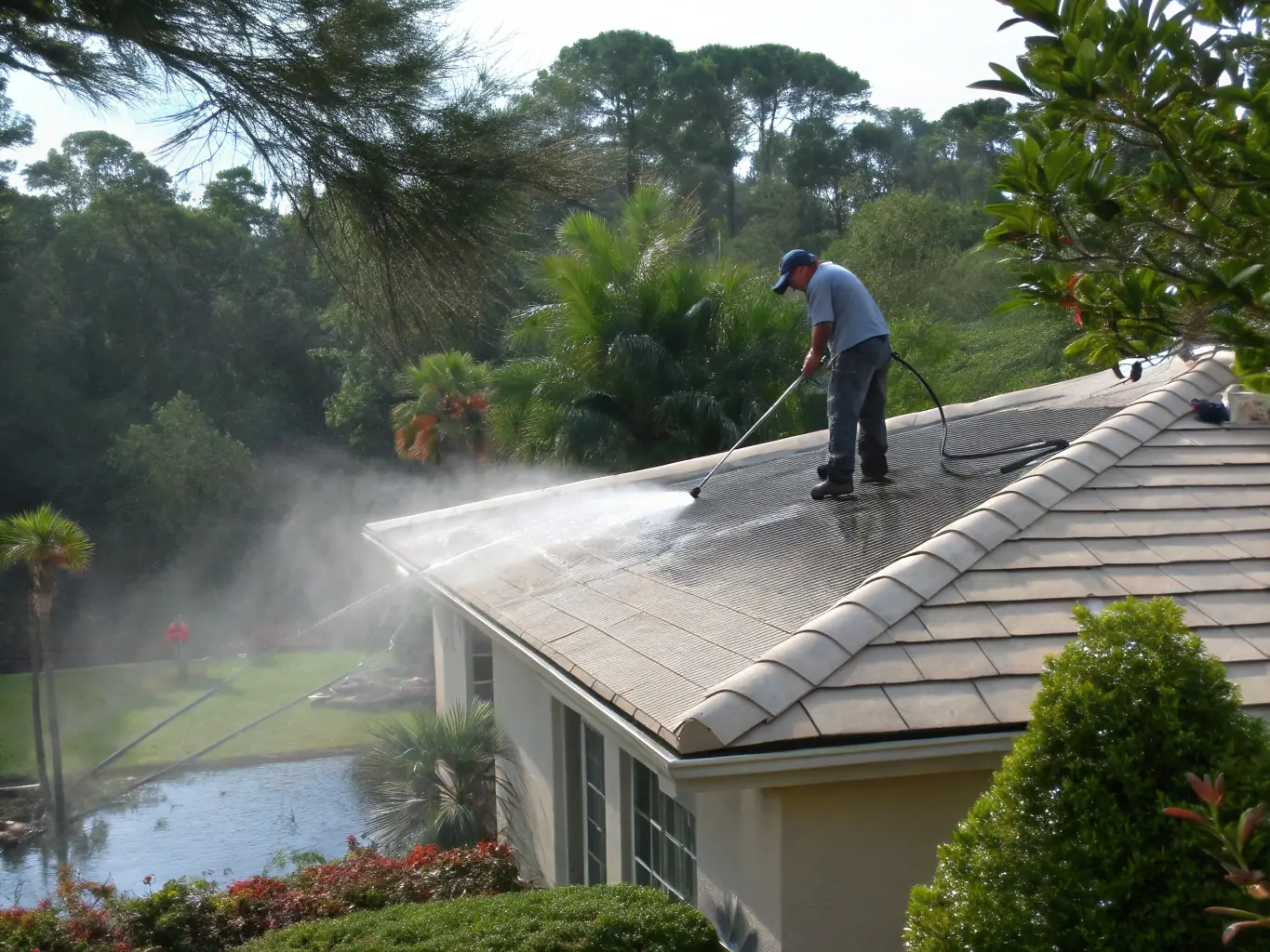 A residential roof being gently soft washed, with visible removal of algae and stains, showcasing the effectiveness of Pro Touch Pressure Washing's soft washing service.